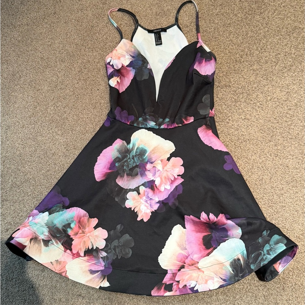 Forever 21 Black skater Dress with Pink and Purple Floral print size S